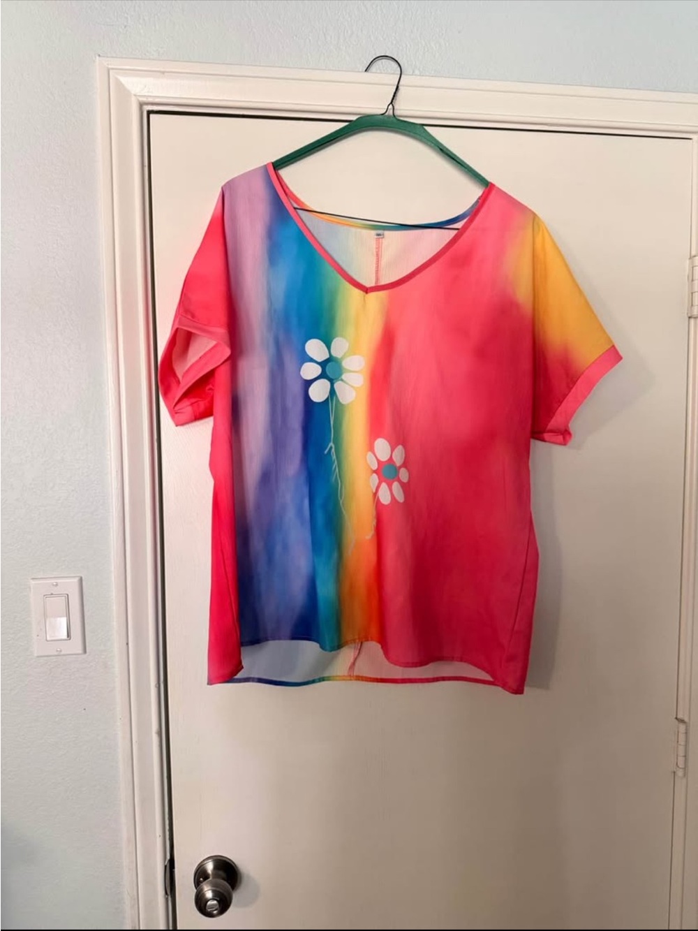 SHEIN Pink Rainbow Floral V-Neck Blouse